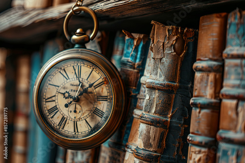 Vintage clock hanging on a chain on the background of old books. Old watch as a symbol of passing time. Concept on the theme of history, nostalgia, old age. Retro style
 photo