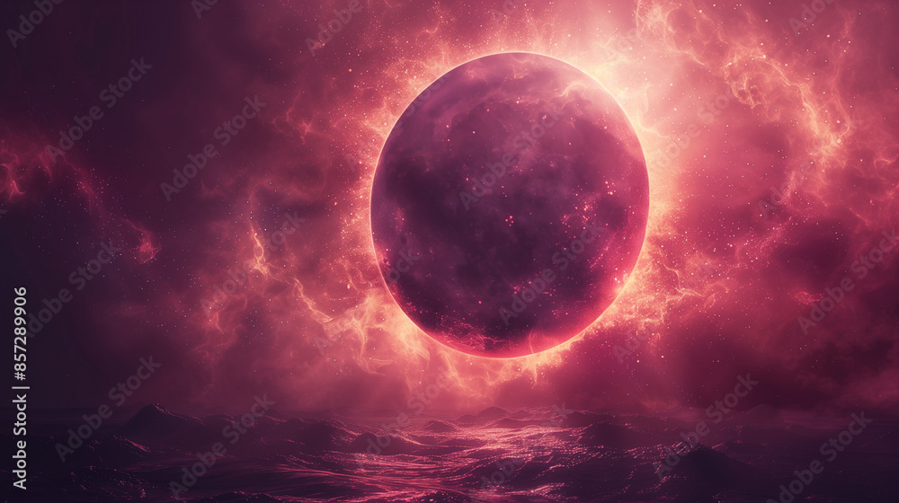 Solar eclipse of a planet seen as black silhouette in mystical dark galaxy with shades of pink and purple Solar eclipse of a planet seen as black silhouette in mystical dark galaxy with shades of pink and purple