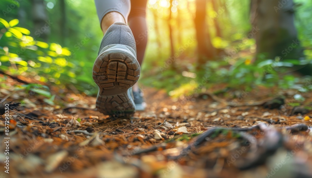 Obraz premium A person is walking through a forest with their feet in the dirt