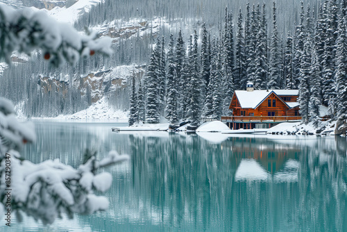 Beautiful view of Emerald Lake with snow covered and wooden lodge glowing in rocky mountains and pine forest on winter
 photo