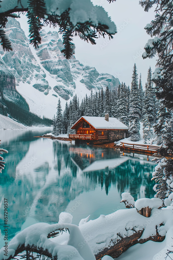 Beautiful view of Emerald Lake with snow covered and wooden lodge glowing in rocky mountains and pine forest on winter
Beautiful view of Emerald Lake with snow covered and wooden lodge glowing in rocky mountains and pine forest on winter