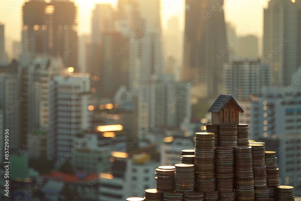 Coins arranged in stacks with a miniature wooden house on top, with a blurred background of a modern city skyline, emphasizing urban growth and development