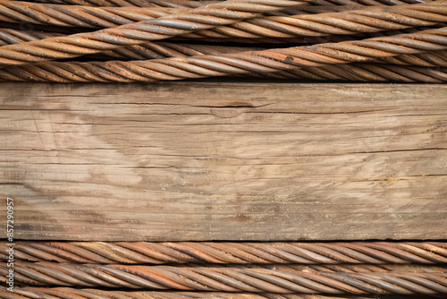 Steel cable wire with frayed ends, placed on a rustic wooden surface, representing wear and resilience in heavyduty applications photo