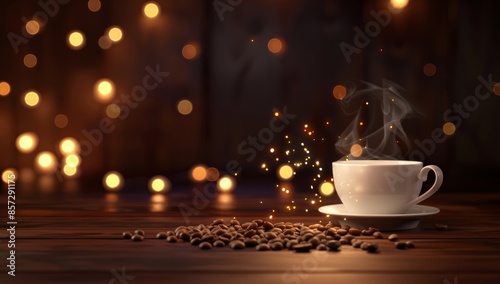 A close-up image of a steaming cup of coffee on a wooden table with coffee beans and warm lights in the background