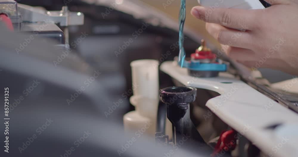The blue radiator water.Adding Coolant to Car radiators or Pouring antifreeze to the car radiator.The mechanic pours the cooling fluid into the radiator spure.Adding liquid to the car's radiator. The blue radiator water.Adding Coolant to Car radiators or Pouring antifreeze to the car radiator.The mechanic pours the cooling fluid into the radiator spure.Adding liquid to the car's radiator.