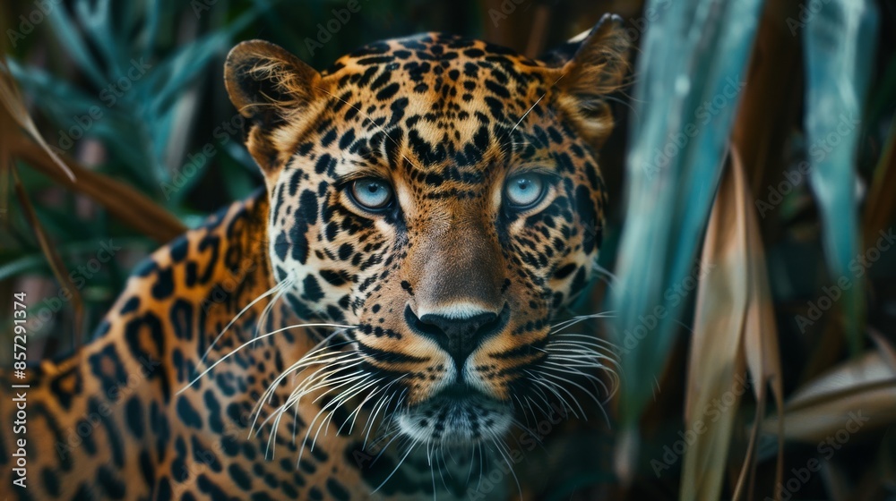 Obraz premium Close-up portrait of a jaguar in the jungle, intense eyes and vivid fur patterns. Wildlife and nature photography concept