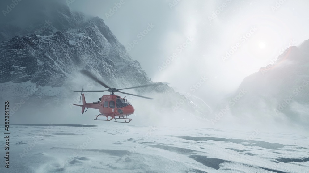 Rescue personnel in wild field in rescue mission with helicopter in snow mountain Rescue personnel in wild field in rescue mission with helicopter in snow mountain