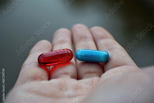 Choose between the red pill and blue pill: the decision between truth and illusion, a striking contrast between belief and reality in a theme photo