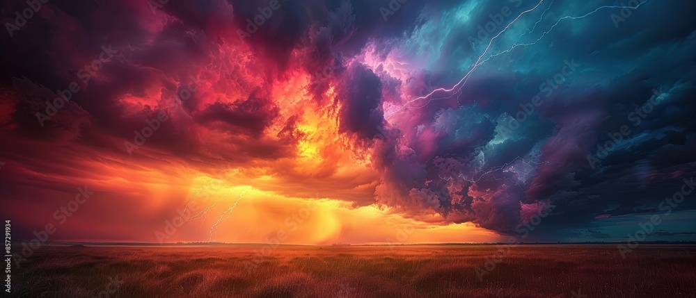 Dramatic sky with dark storm clouds and multiple lightning bolts, capturing the intensity and power of a thunderstorm, Photography, shot with a telephoto lens,