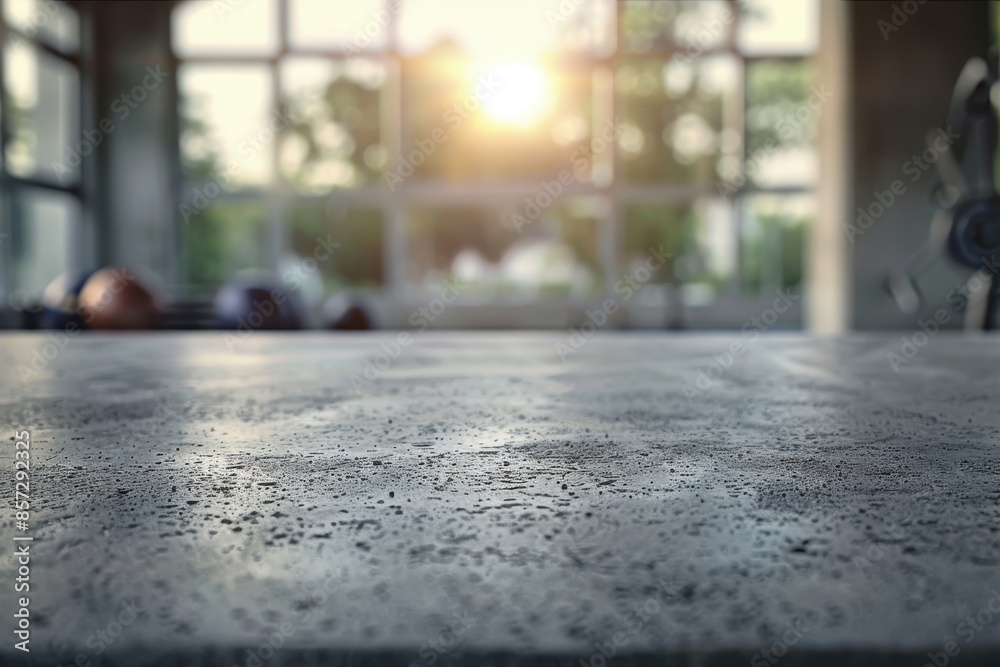 Empty concrete desk with gym background Empty concrete desk with gym background