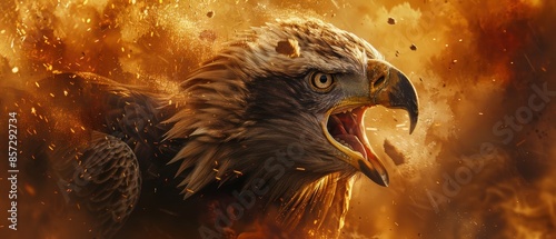 Eagle screeching with explosive bursts surrounding, highlighting fierce power and raw energy © Starkreal
