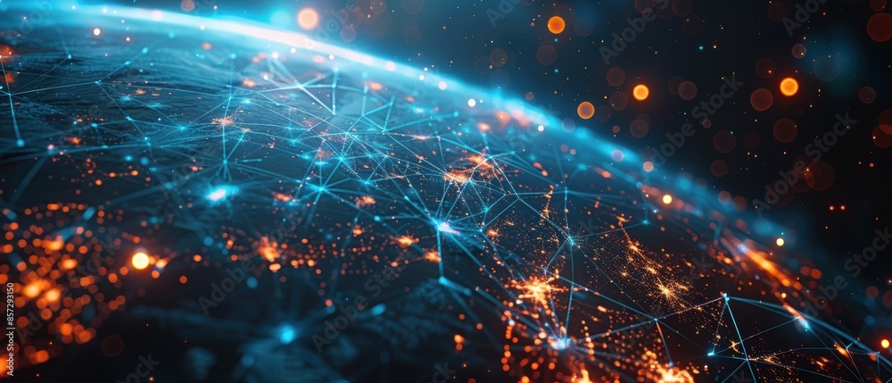 Fototapeta premium Earth with glowing connection lines and a digital data background, showcasing global network communication in