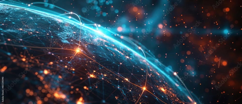 Fototapeta premium Earth with glowing connection lines and a digital data background, showcasing global network communication in