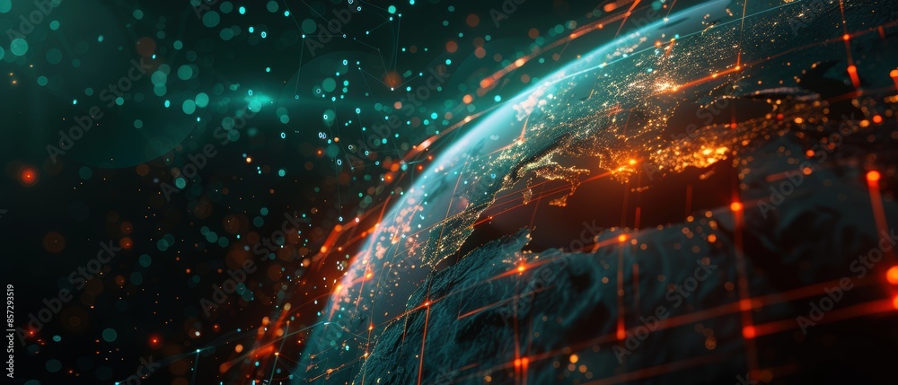 Earth with vibrant connection lines and a digital data matrix, representing global communication networks in detailed realism Earth with vibrant connection lines and a digital data matrix, representing global communication networks in detailed realism