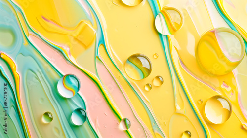 Banner of liquid, drops and bubbles in green and yellow color to decorate poster and booklet cover. Abstract background.