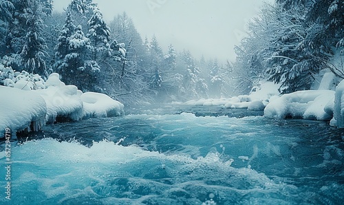 Icy river with snow photo
