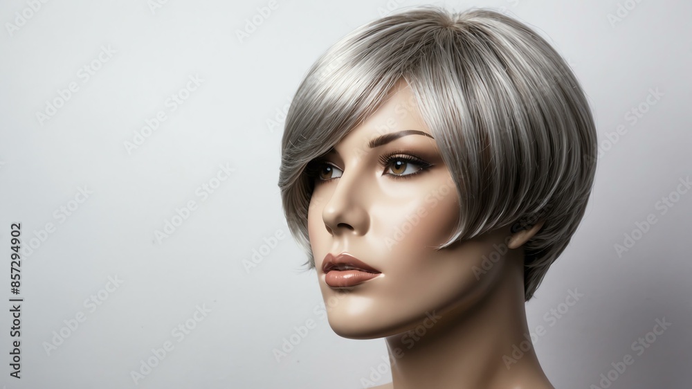 Obraz premium silver short hair wig in a mannequin head in white bac background
