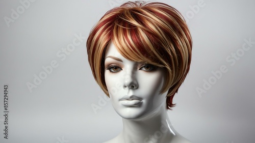 red with blonde highlights short hair wig in a mannequ background