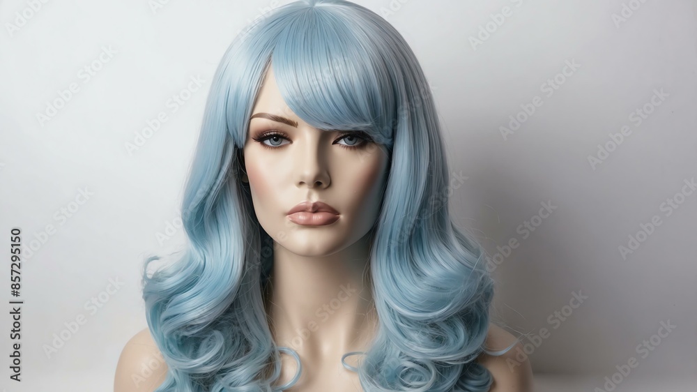 pastel blue long hair wig in a mannequin head in white background pastel blue long hair wig in a mannequin head in white background