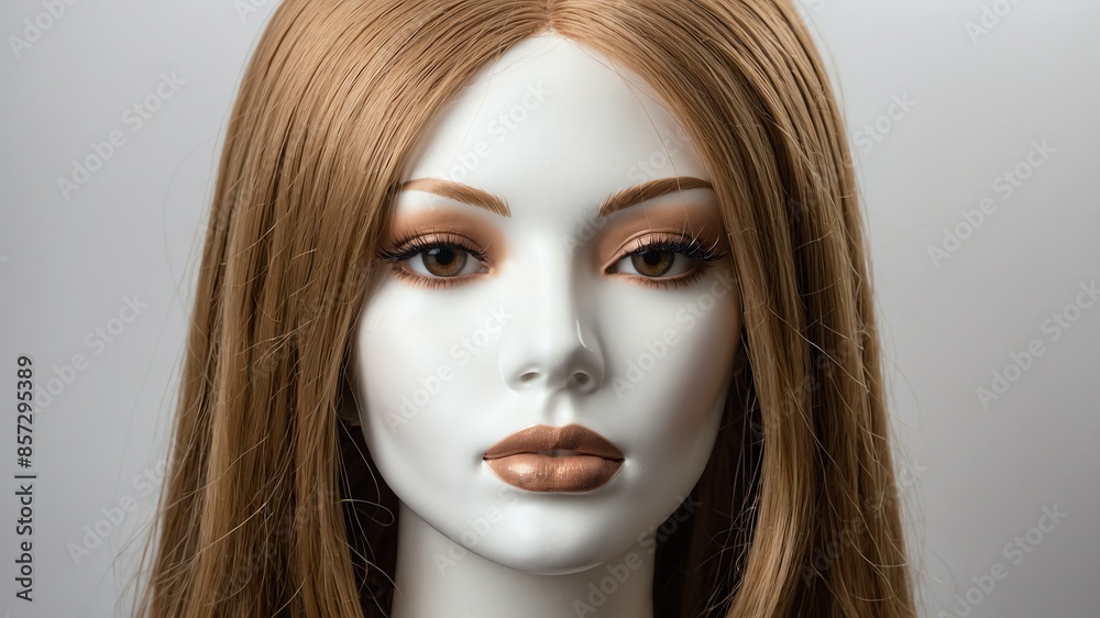 Fototapeta premium light brown long hair wig in a mannequin head in white background