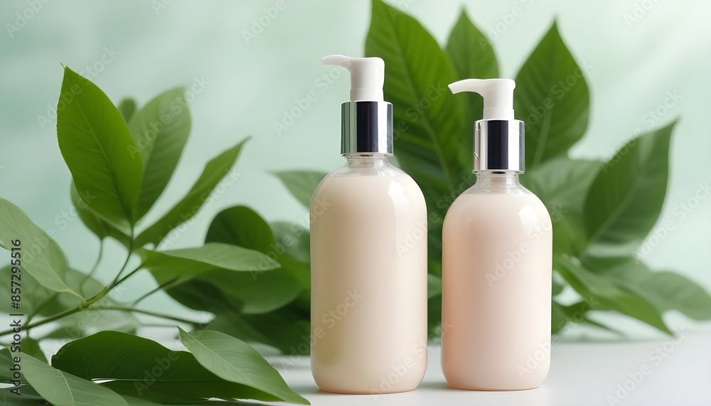 Organic Health Care Bottles with Green leaves in front of wall background AI Generated Organic Health Care Bottles with Green leaves in front of wall background AI Generated