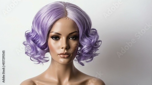 lavender short hair wig in a mannequin head in white b background