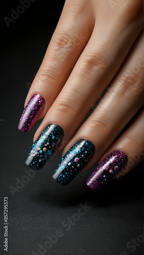 Intricate Nail Art Design with Vibrant Colors and Textured Patterns on Elegant Manicured Hand