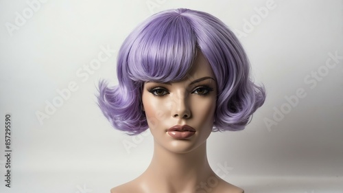 lavender short hair wig in a mannequin head in white b background