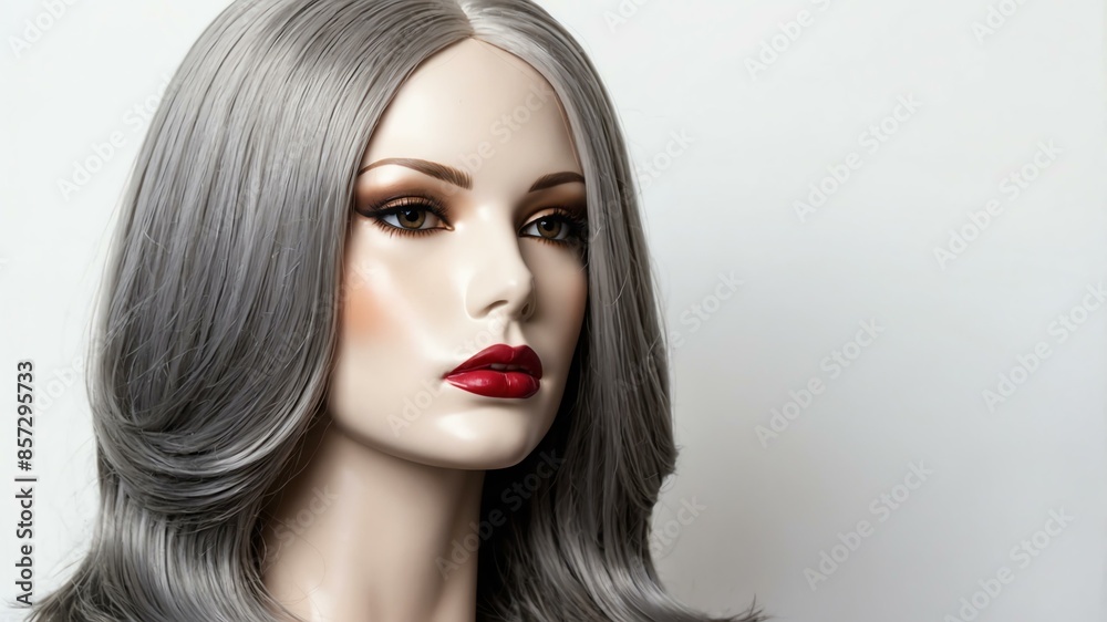 Fototapeta premium grey long hair wig in a mannequin head in white backgr background