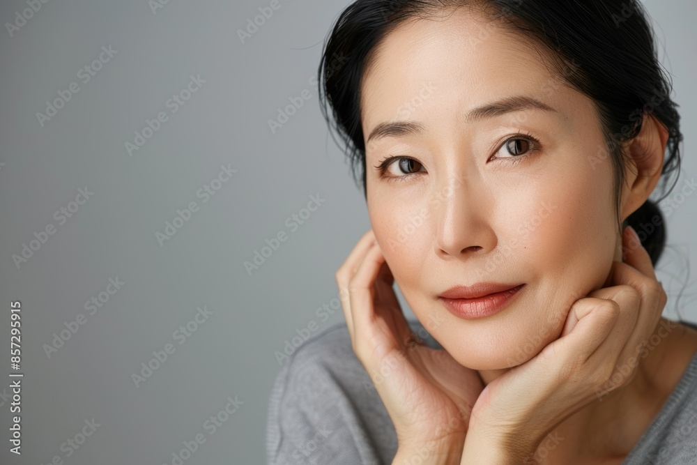 Achieve a luminous complexion with studio isolate shots showcasing mature Asian women's facial care routines. Achieve a luminous complexion with studio isolate shots showcasing mature Asian women's facial care routines.