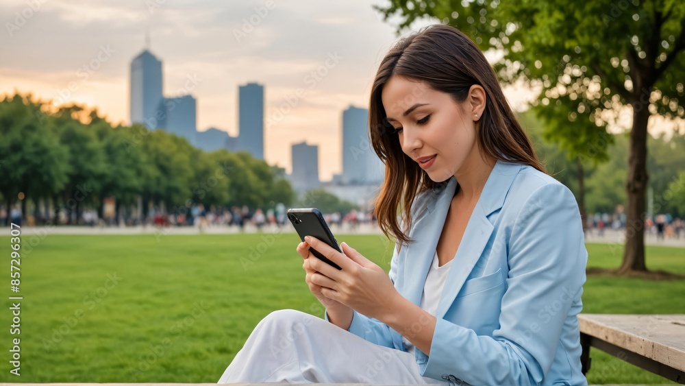 A woman in professional attire using a smartphone in a park with a city skyline in the background during sunset, ideal for lifestyle or business communication themes. A woman in professional attire using a smartphone in a park with a city skyline in the background during sunset, ideal for lifestyle or business communication themes.