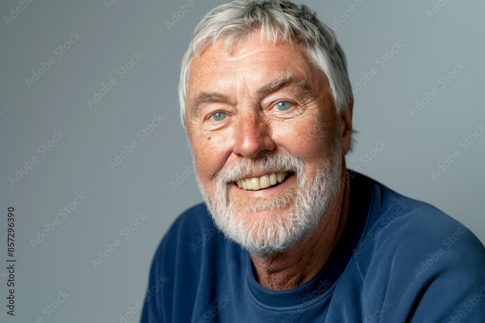 A portrait photograph of a smiling senior man wearing a blue shirt against a grey background A portrait photograph of a smiling senior man wearing a blue shirt against a grey background