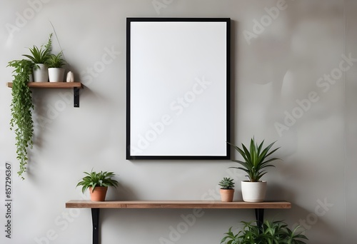 Wall art Mockup blank photo frame on the wall with houseplant in living room AI Generated