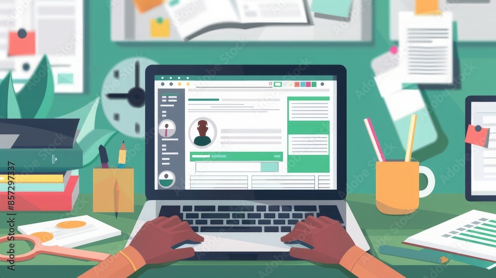 Office scene with laptop typing and questionnaire quality check document displayed. Questionnaire quality check document