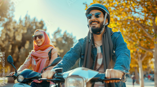 Happy Young Arab Couple Riding A Scooter On A Sunny Day With A Cityscape In The Background