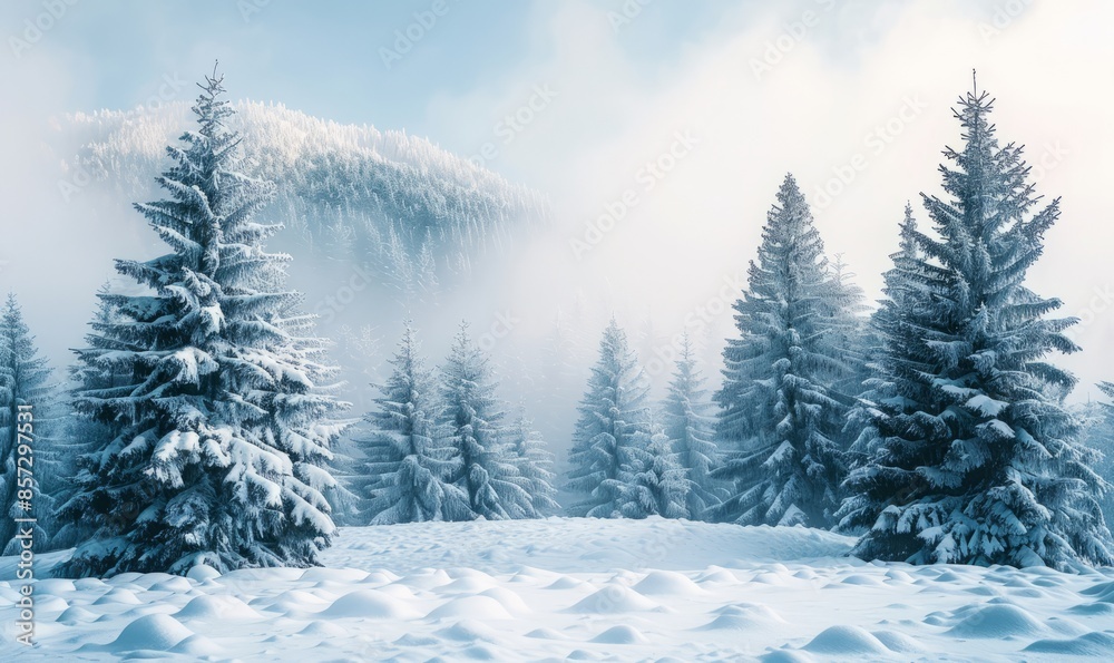 Snowy landscape with evergreen trees