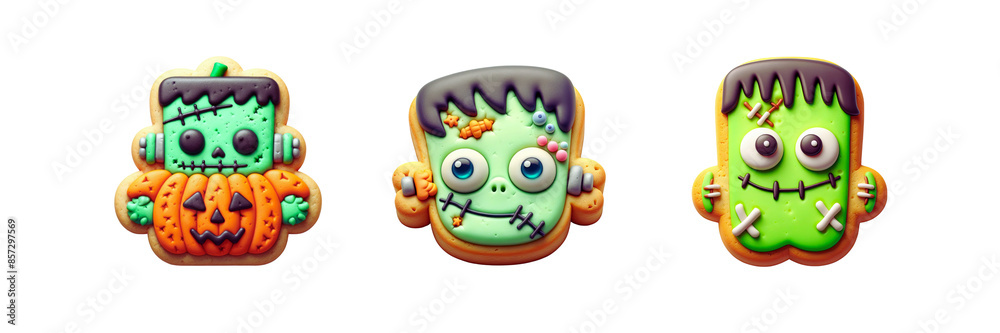Naklejka premium Set of Cute Halloween Frankenstein Cookies, Happy Halloween day special, isolated over on transparent white background