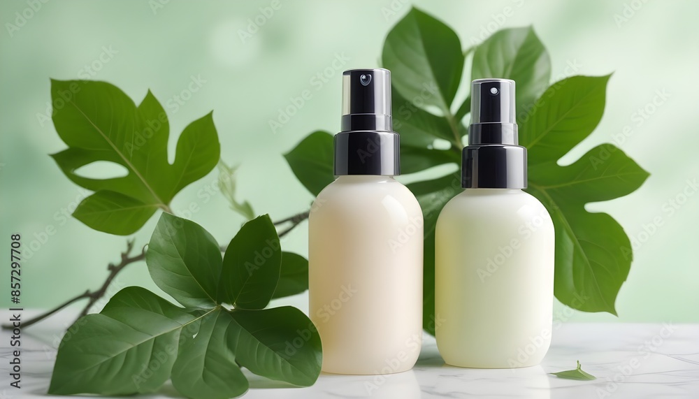Cosmetic Bottle set of two blank label bottles in the nature background AI Generated Cosmetic Bottle set of two blank label bottles in the nature background AI Generated