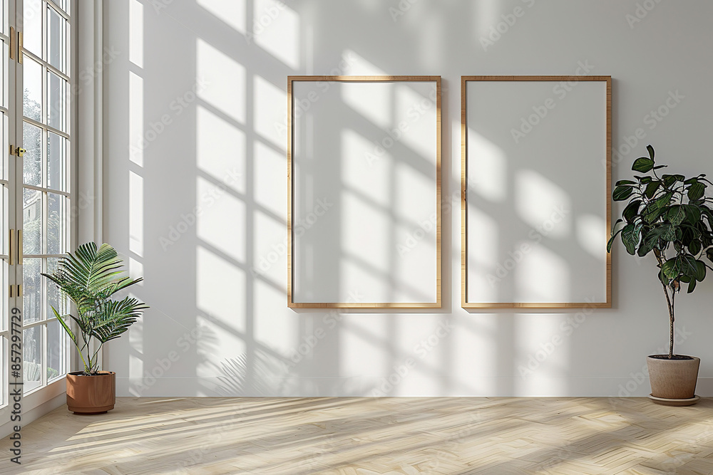 Two blank picture frames on white wall of living room with window and green plants