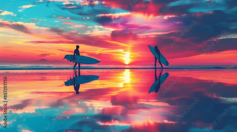Naklejka premium A surfer carrying a surf board standing on tropical beach with sunset colorful sky