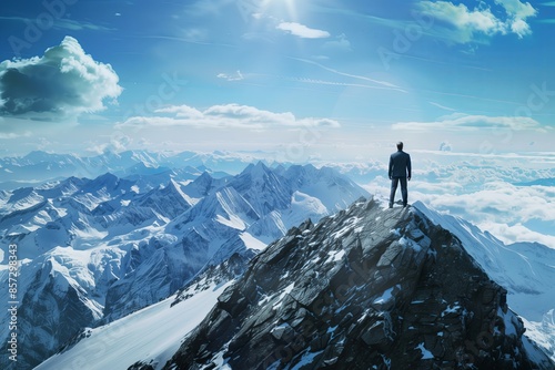 A man on a snowy mountain peak under a blue sky symbolizes achievement, challenge, and adventure © Vladimir