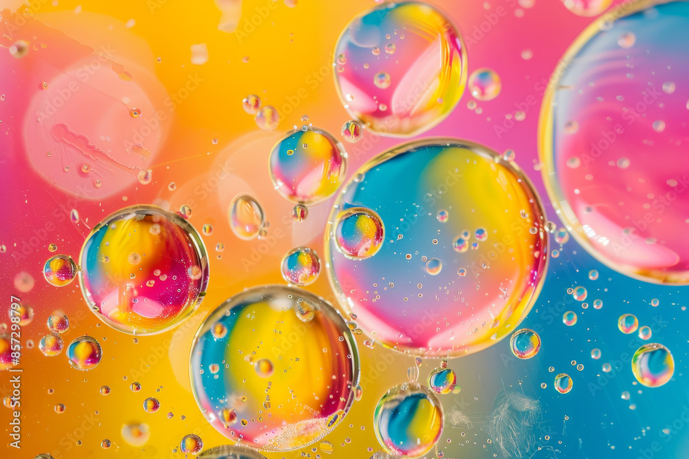 Colorful abstract background with oil and water bubbles. Abstract colorful pattern of liquid, macro photo of colors floating