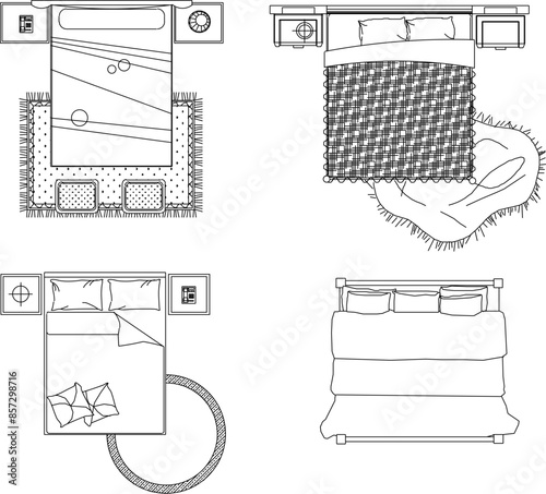 Vector silhouette illustration sketch of detailed architectural engineering design of a bed for a bedroom interior