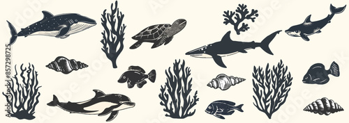 Ocean animal set, vector grunge whale print, wild sea mammal silhouette, woodcut stamp. Summer marine retro collection, hand drawn underwater shark, coral, stingray. Ocean animal illustration 