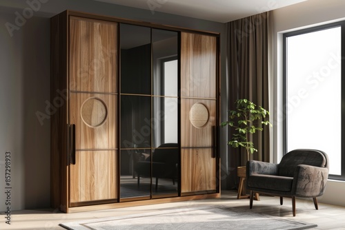 Elevate your bedroom aesthetic with a wooden wardrobe and glass sliding doors, seamlessly blending functionality with minimalist design.