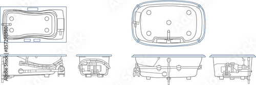 Vector silhouette illustration sketch of detailed design of a jacuzzi bathtub for soaking in warm water in the bathroom