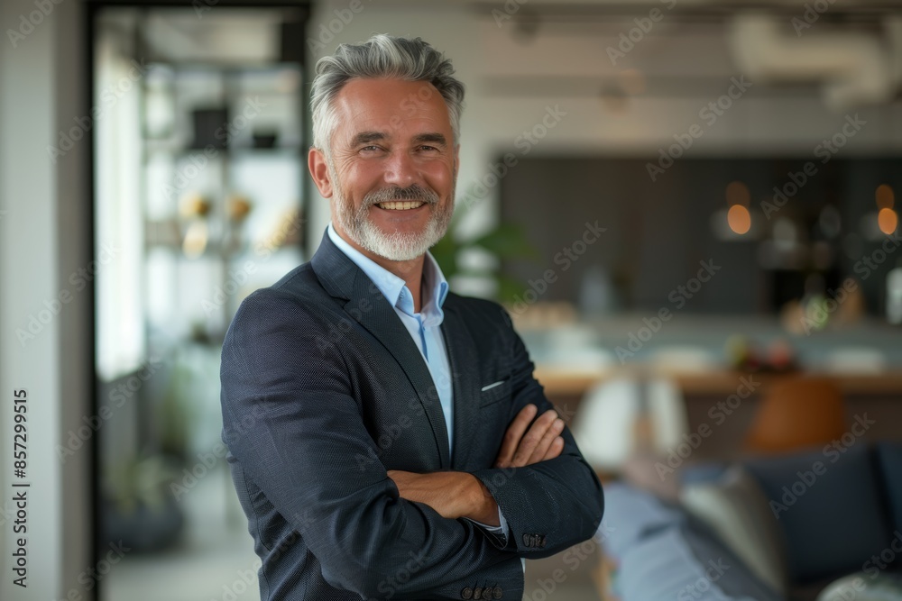 A confident businessman stands in a modern office with his arms crossed, smiling warmly at the camera A confident businessman stands in a modern office with his arms crossed, smiling warmly at the camera