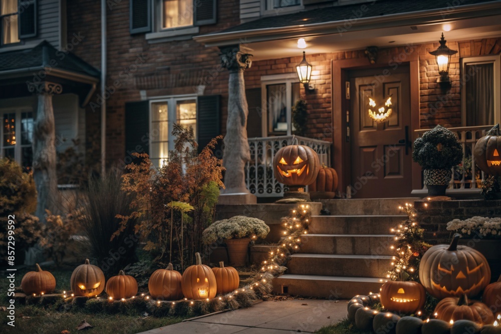 Obraz premium Decorated front yards and houses with Halloween themes