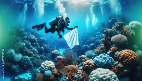 Fototapeta Naklejka Na Ścianę i Meble -  A scuba diver explores a vibrant coral reef, holding a blank white flag, offering a unique opportunity to add your message or logo