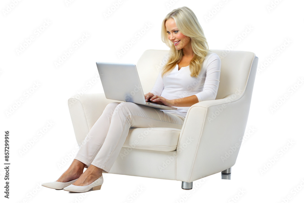 blond woman sitting white arm chair with laptop on transparent background blond woman sitting white arm chair with laptop on transparent background